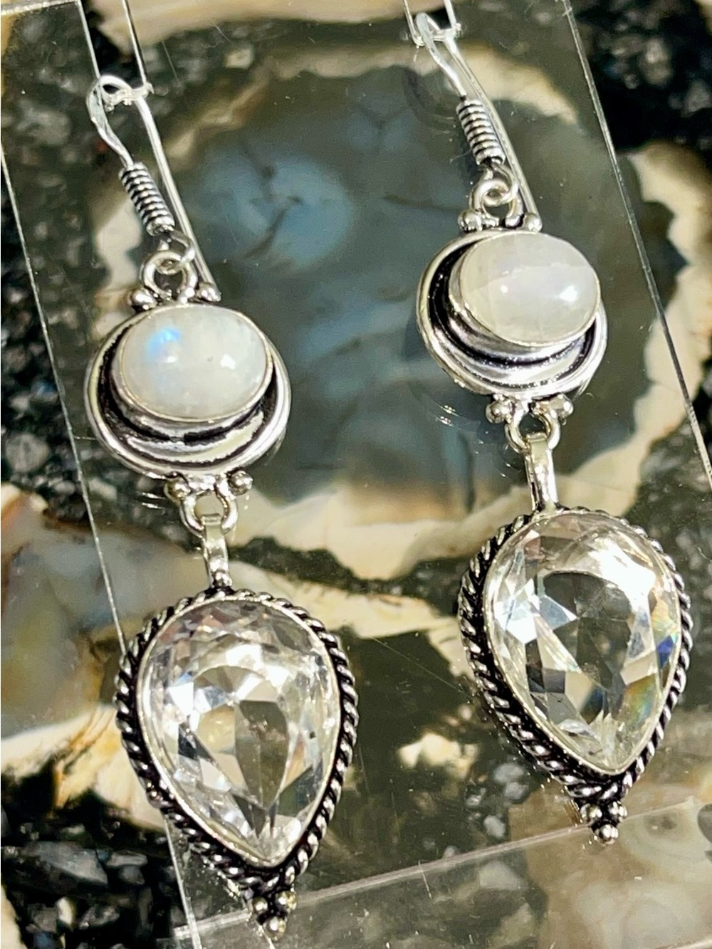 Rainbow Moonstone & Clear Glass Earrings 2 1/2”